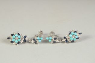 A MATCHING PAIR OF TURQUOISE, DIAMOND AND SAPPHIRE DROP EARRINGS.