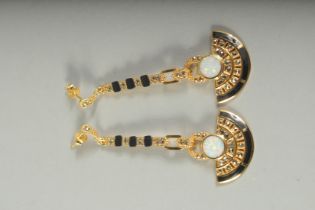 A PAIR OF SILVER GOLD PLATED ONYX DECO DESIGN DROP EARRINGS, boxed.