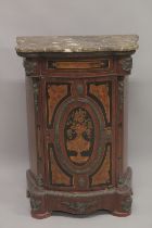 A FRENCH INLAID COMMODE with marble top and ormolu mounts. 3ft high x 2ft wide.
