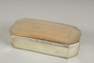 A GEORGIAN SILVER AND MOTHER OF PEARL BOX with mother of pearl top and sides. 6ins long, 2.25ins