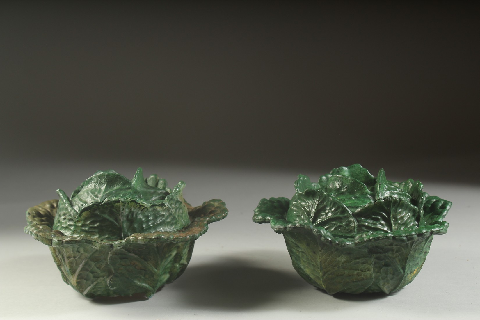 TWO GLASS CABBAGE BOXES AND COVERS. 6ins diameter.