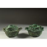 TWO GLASS CABBAGE BOXES AND COVERS. 6ins diameter.