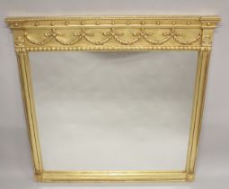 A GOOD GILTWOOD OVERMANTLE MIRROR. 5ft high x 5ft wide.