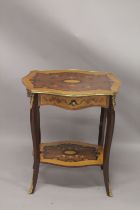 A GOOD LOUIS XVITH DESIGN INLAID TABLE with gilt metal mounts, single drawer, curving legs and