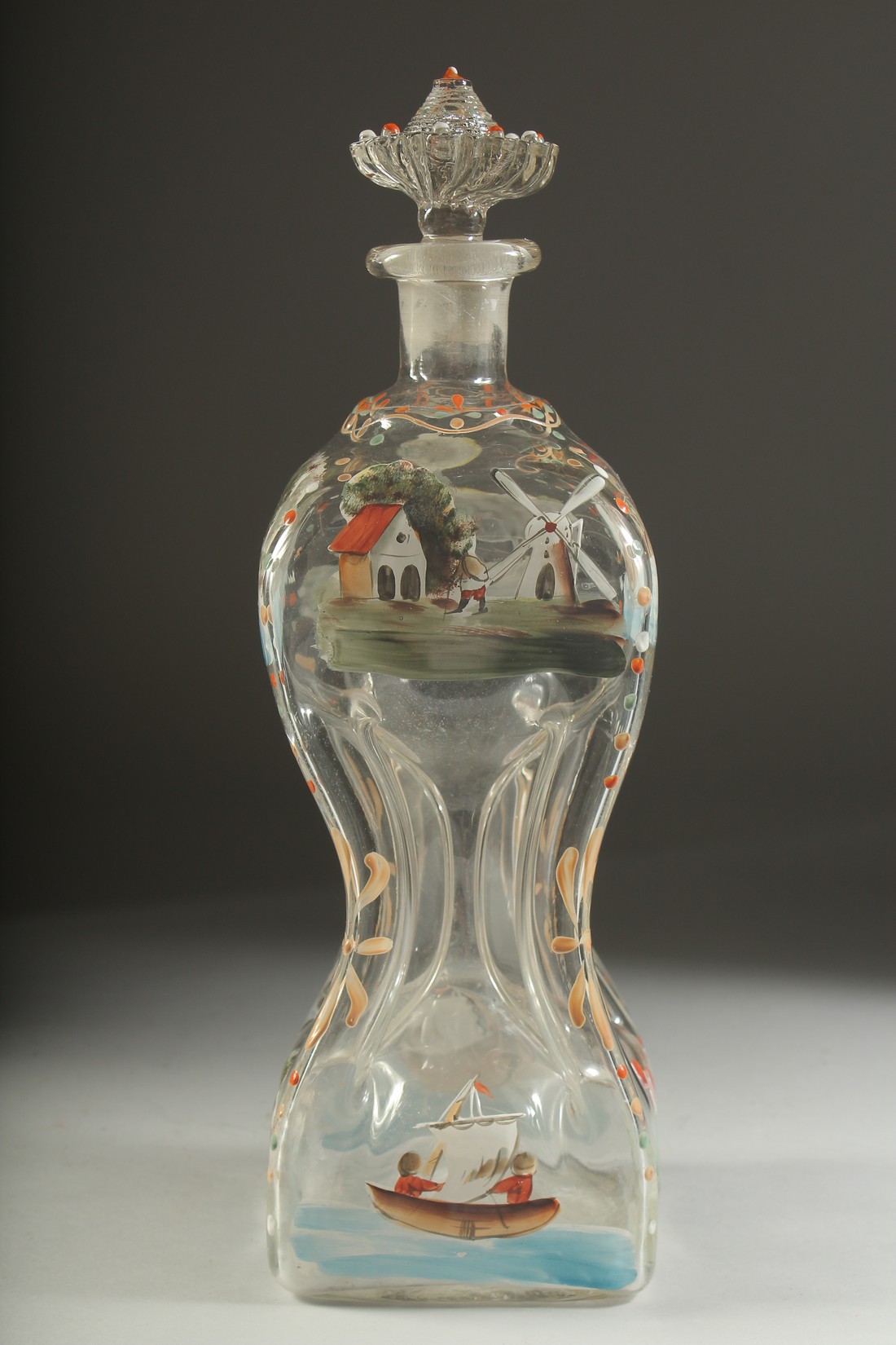 A VICTORIAN FOUR DIVISION DECANTER AND STOPPER, painted with ducks and a windmill etc. 14ins high. - Bild 2 aus 5