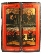 A 19TH CENTURY RUSSIAN ICON OF FOUR SAINTS. 26cms x 22cms.