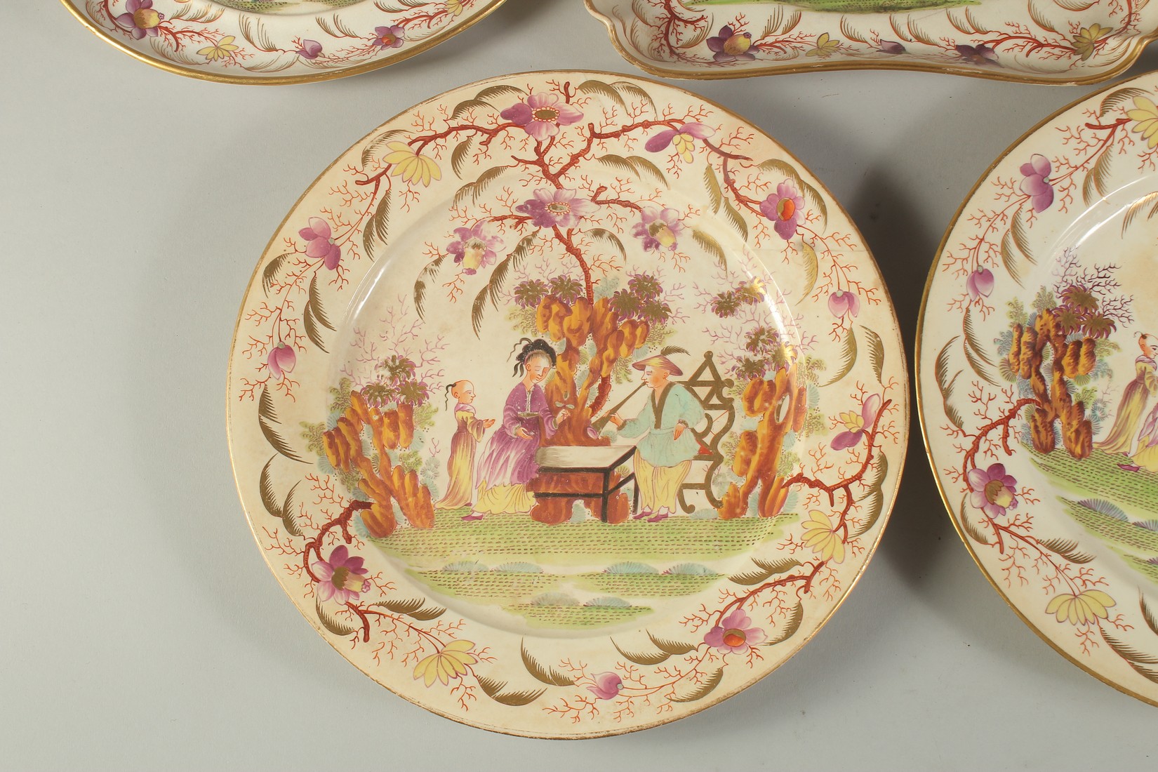 A PAIR OF LONGPORT CIRCULAR PLATES with Chinese design, 9ins diameter. Pair of oval dishes, 8ins - Image 6 of 7
