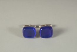 SIMION CARTER, A PAIR OF SILVER AND LAPIS CUFFLINKS, cased.