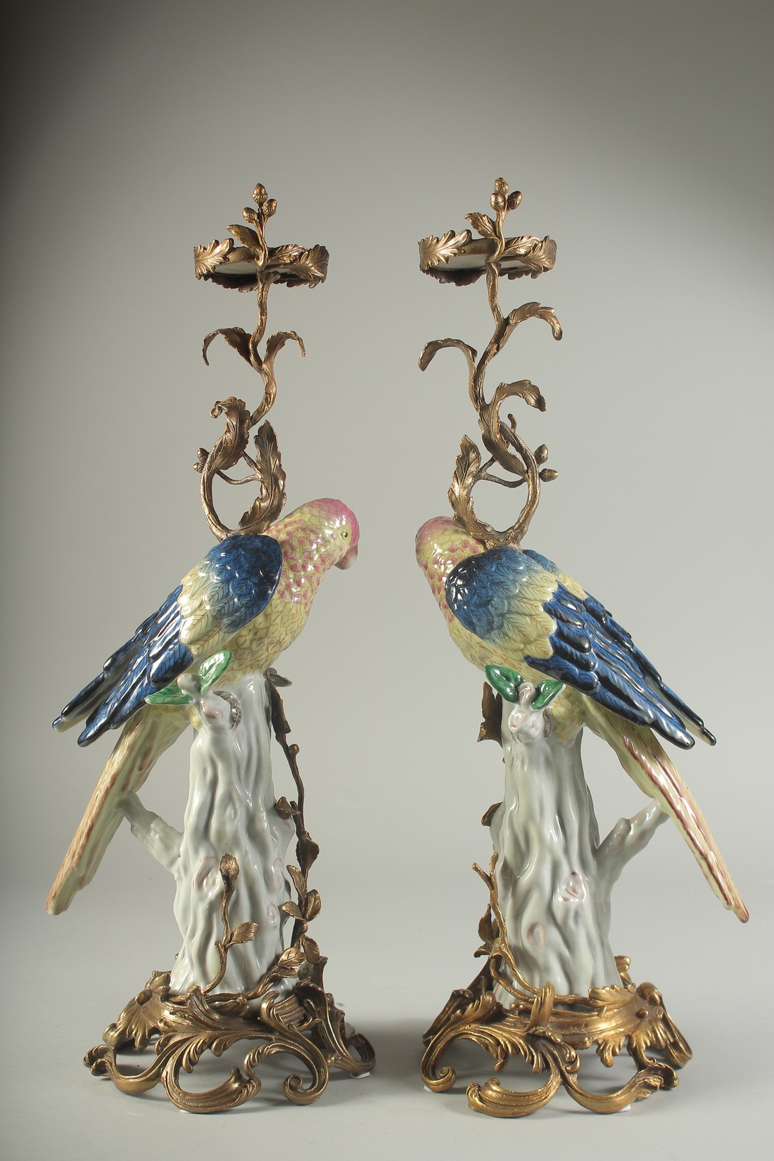 A LARGE PAIR OF SEVRES DESIGN PORCELAIN AND METAL PARROT CANDLESTICKS. 21ins high. - Image 2 of 2