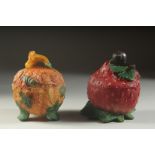 A GLASS PUMPKIN AND STRAWBERRY POT AND COVER. 6ins high.