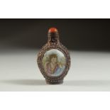 A CHINESE CLOISONNE SNUFF BOTTLE with panels of European ladies.