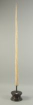 A VERY GOOD NARWHAL TUSK with sharp end. 109cm long, weight: 1200gms supported on a stand. With