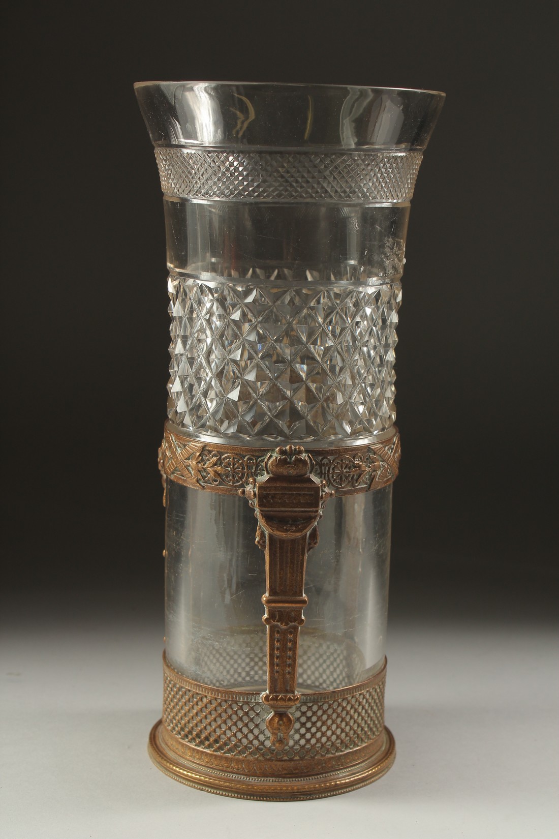 AN 19TH CENTURY FRENCH BRASS AND GLASS VASE. 9.5ins high. - Image 2 of 5