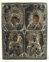 A 19TH CENTURY RUSSIAN SILVER MOUNTED ICON with four figures including The Madonna and Child. Silver