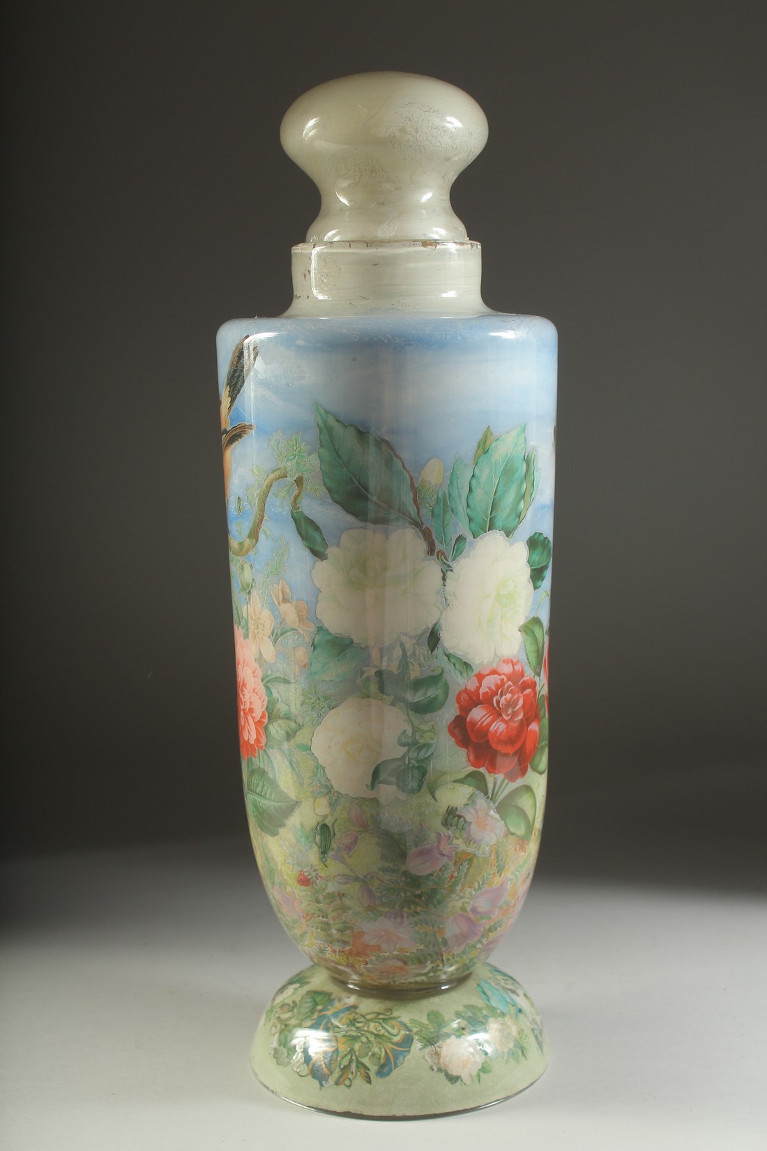 A GOOD GLASS JAR AND COVER, painted with birds and flowers. 18ins high. - Bild 2 aus 5