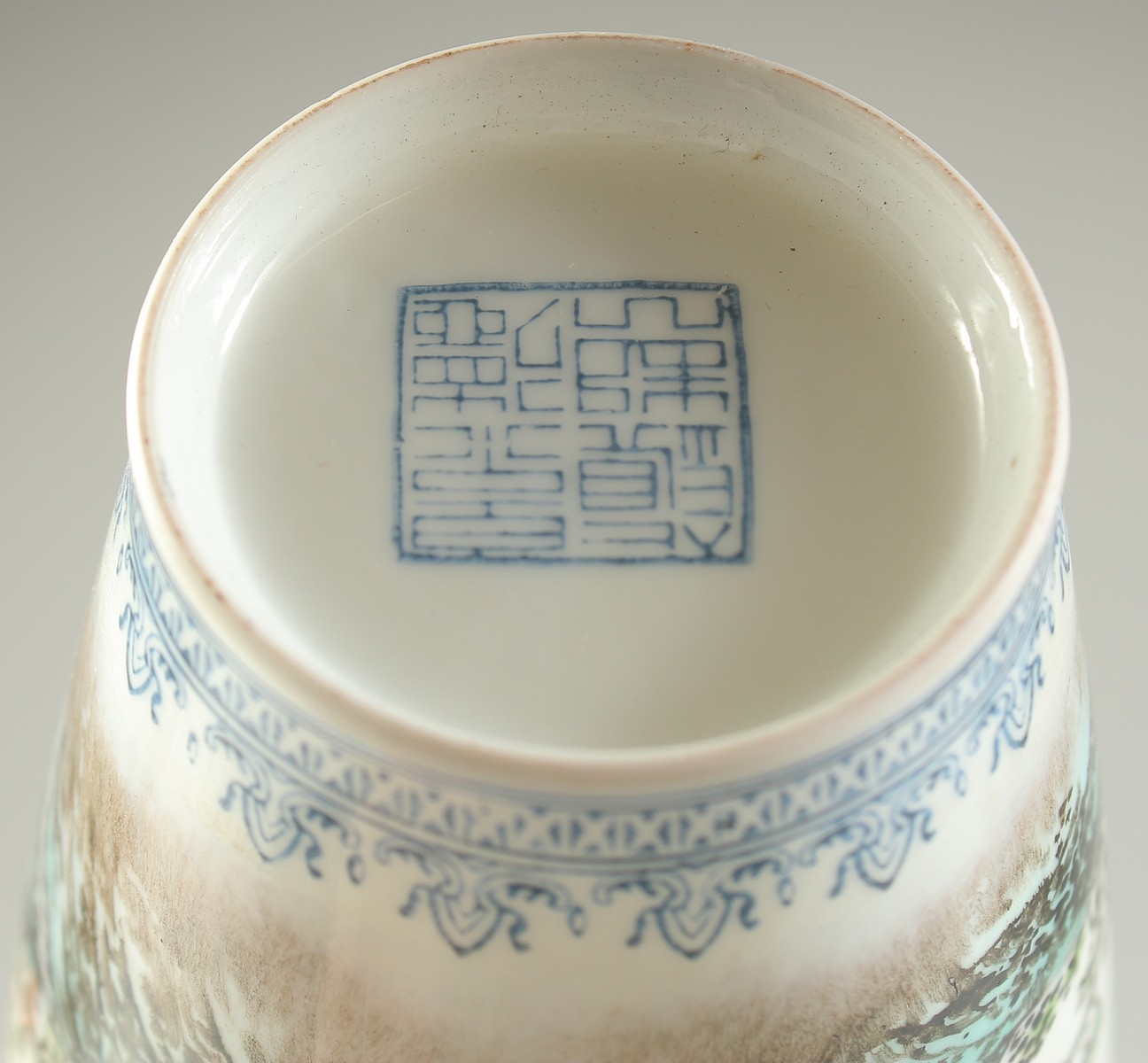 A CHINESE REPUBLIC EGGSHELL PORCELAIN VASE, and wooden stand, the vase painted with a mountainous - Image 6 of 9