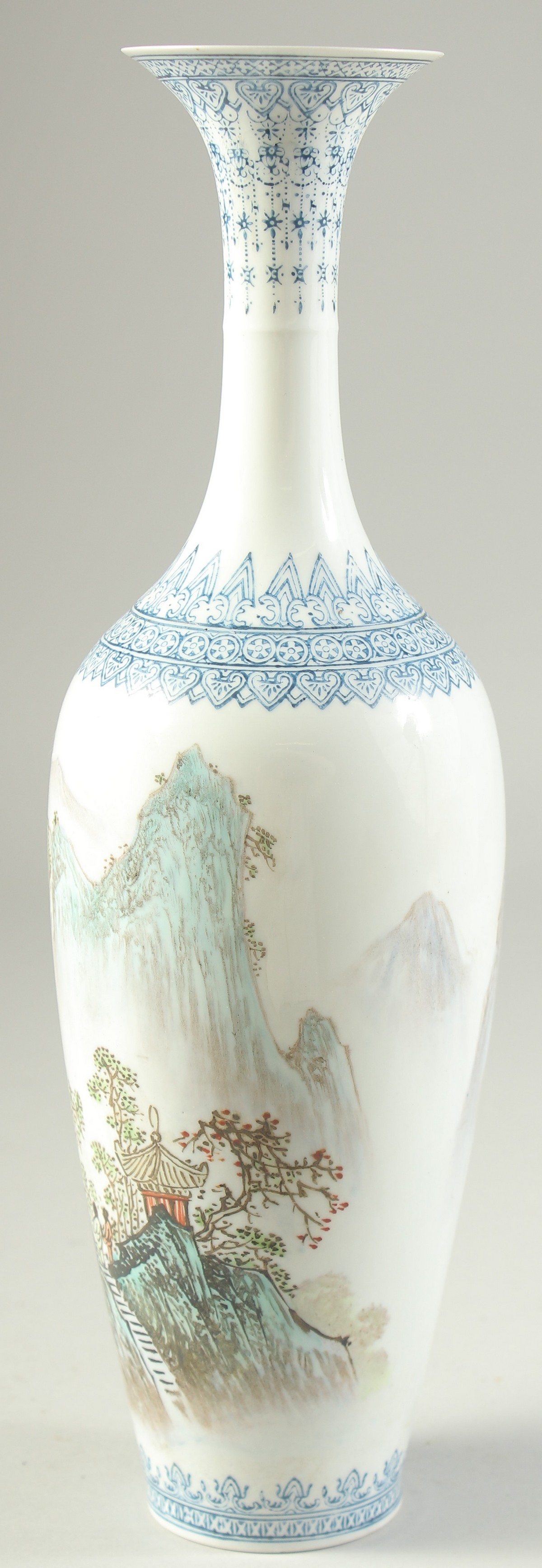 A CHINESE REPUBLIC EGGSHELL PORCELAIN VASE, and wooden stand, the vase painted with a mountainous - Image 3 of 9