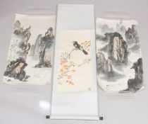A CHINESE SCROLL PAINTING ON PAPER, depicting a bird on a branch, together with two other