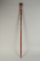 A CHINESE BAMBOO WALKING STICK, carved with a dragon or serpent, 88cm long.