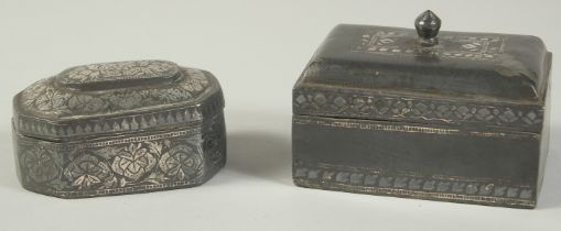 TWO 19TH CENTURY INDIAN BIDRI SILVER INLAID BOXES, largest 9.5cm x 6.5cm, (2).