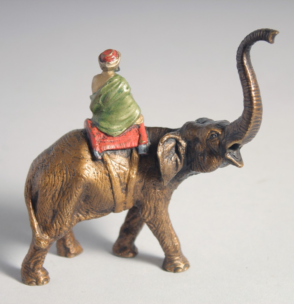A FINE ORIENTALIST VIENNA BERGMAN STYLE COLD PAINTED BRONZE FIGURE OF AN ARAB ON AN ELEPHANT, 11cm - Image 3 of 5