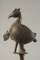 A 19TH CENTURY BRONZE BIRD FINIAL, 21cm high