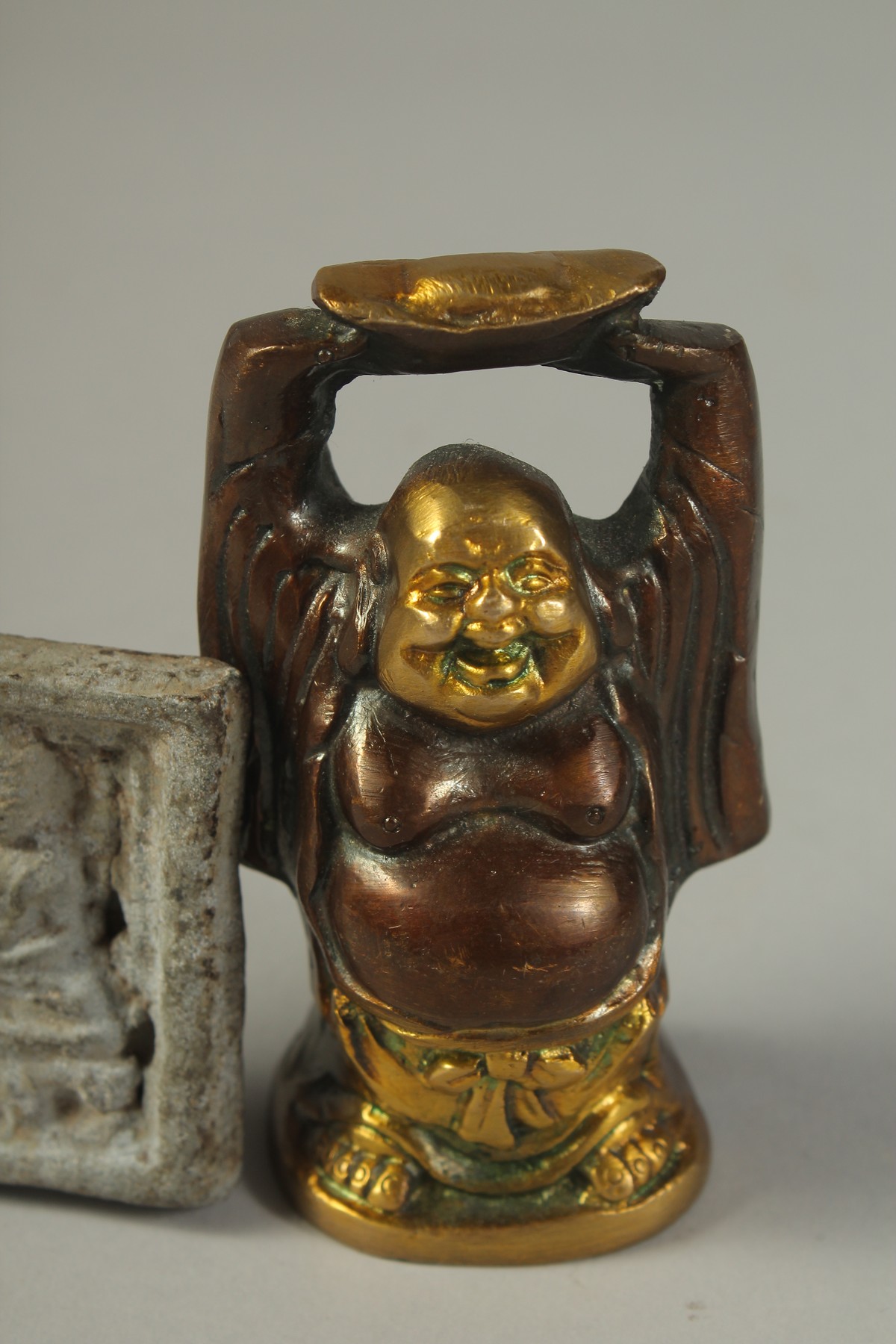 A GILDED BRONZE LAUGHING BUDDHA AND BELT FRAGMENT, (2). - Image 2 of 3