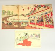 CHIKANOBU YOSHU (1838-1912): RACE COURSE IN UENO, TOKYO & PICTURE OF LADY SHIZUKA DANCING; two