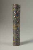 A FINE 19TH CENTURY INDIAN KASHMIRI ENAMELLED AND GILDED COPPER DOCUMENT HOLDER, 16cm long.