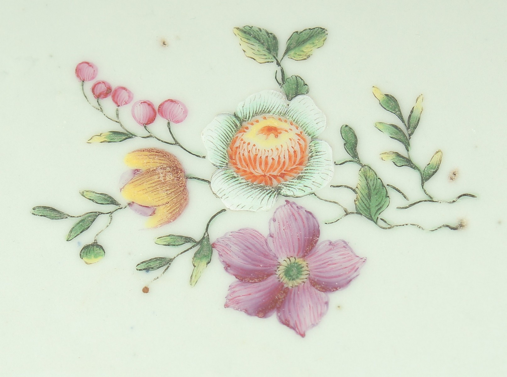 FOUR 18TH CENTURY CHINESE PORCELAIN PLATES, the centre of each with finely painted floral spray, - Image 2 of 3