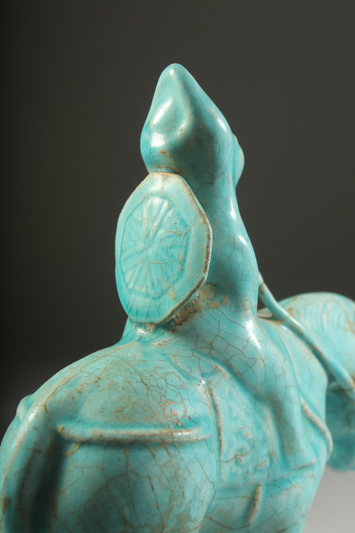 A VERY FINE AND RARE PERSIAN KASHAN TURQUOISE GLAZED POTTERY HORSE AND RIDER, 23.5cm high, 20cm - Image 4 of 8
