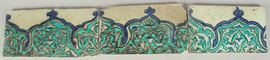 A COLLECTION OF THREE LATE 16TH - EARLY 17TH CENTURY IZNIK STYLE OTTOMAN DAMASCUS BORDER TILES,