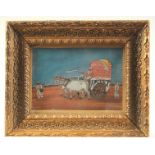 AN 19TH CENTURY INDIAN PAINTING ON MICA, depicting an oxen drawn kart, within a gilt frame and