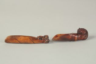 TWO CARVED WOOD TEA SCOOPS, one carved with cockerel, the other carved with a goat, (2).