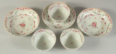 A SET OF THREE CHINESE FAMILLE ROSE PORCELAIN TEA BOWLS AND SAUCERS, (some faults), (x6 pieces).