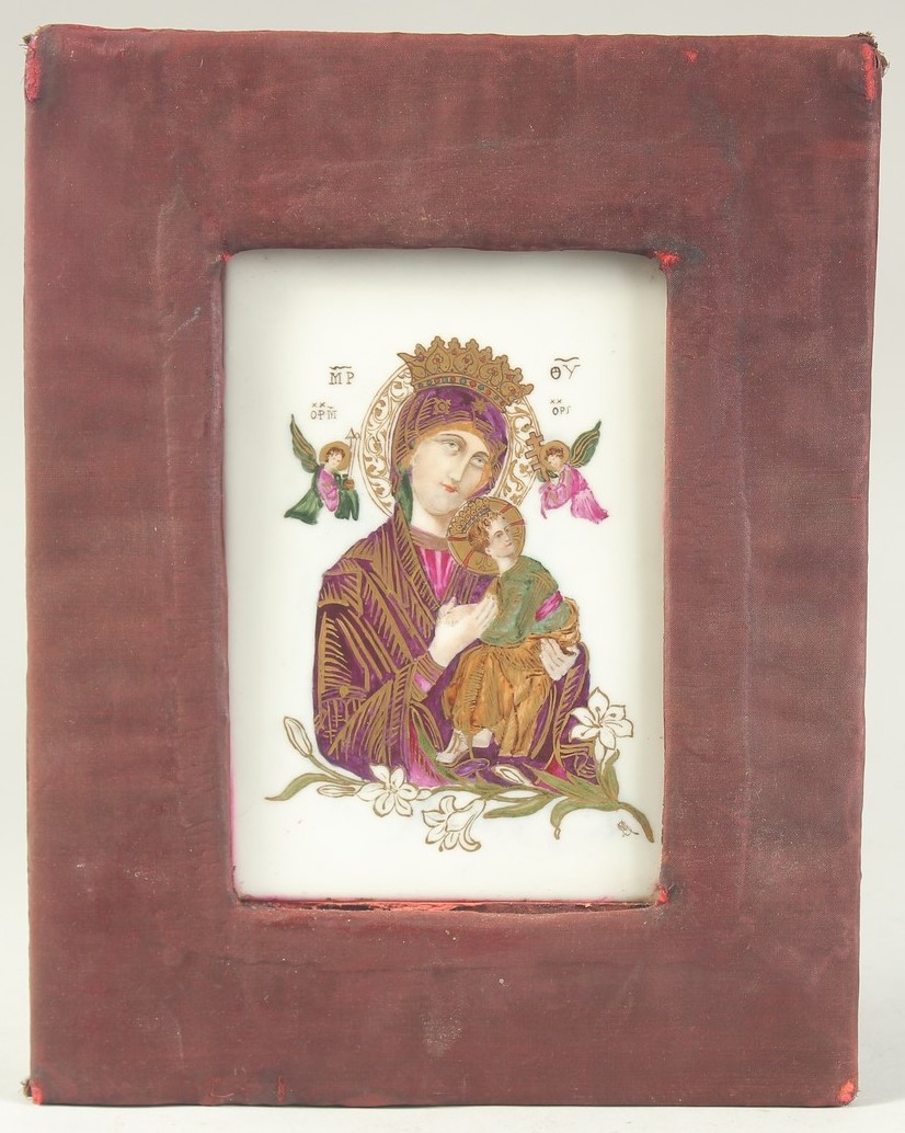 A PORCELAIN PANEL DEPICTING MADONNA AND CHILD, with gilded highlights, in fabric overlaid wooden