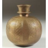 A FINELY ENGRAVED 18TH-19TH CENTURY MUGHAL INDIAN BRASS ROUND HUQQA BASE, 16.5cm high.