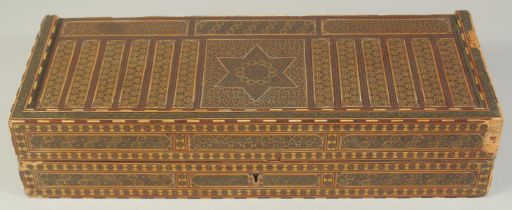 A PERSIAN QAJAR MICRO MOSAIC KHATAMKARI INLAID WOODEN BOX, (af), 32cm x 21cm.