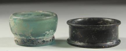 TWO ANCIENT PERSIAN OR POSSIBLY ROMAN GLASS BOWLS, 6cm and 5cm diameter, (2).
