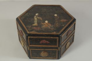 AN ORIENTAL BONE AND HARDSTONE INLAID WOODEN HEXAGONAL BOX, with decorative carved floral stones and