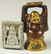 A GILDED BRONZE LAUGHING BUDDHA AND BELT FRAGMENT, (2).