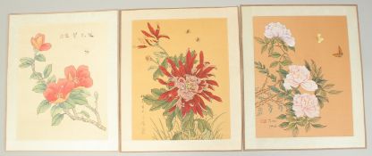 THREE CHINESE OVERPAINTED FLORAL PRINTS ON SILK, each piece signed, (3).