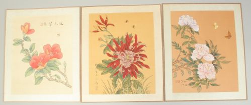 THREE CHINESE OVERPAINTED FLORAL PRINTS ON SILK, each piece signed, (3).