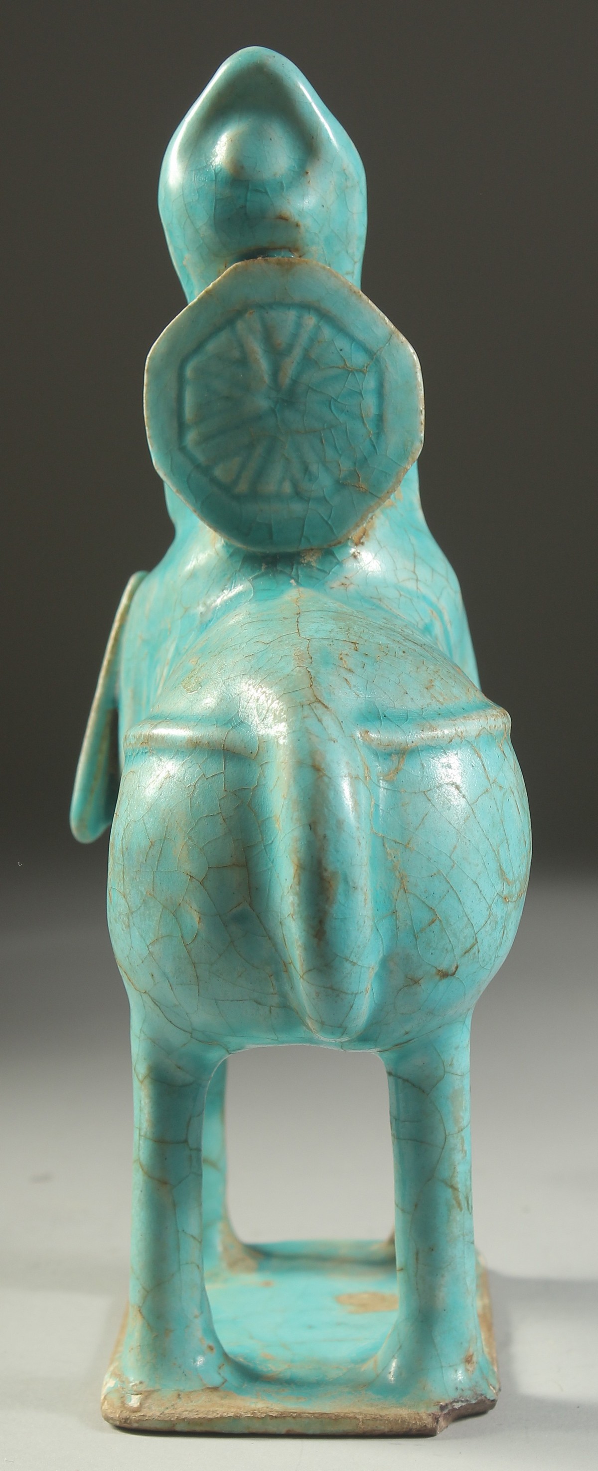 A VERY FINE AND RARE PERSIAN KASHAN TURQUOISE GLAZED POTTERY HORSE AND RIDER, 23.5cm high, 20cm - Image 7 of 8