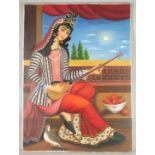 A LARGE OIL ON CANVASS PAINTING OF A FEMALE FIGURE PLAYING A MUSICAL INSTRUMENT, signed lower right,
