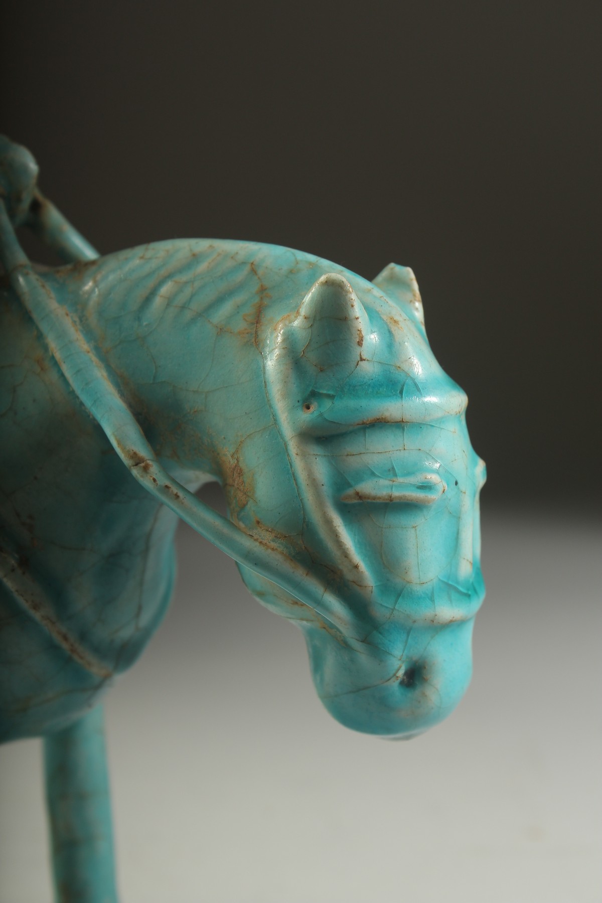 A VERY FINE AND RARE PERSIAN KASHAN TURQUOISE GLAZED POTTERY HORSE AND RIDER, 23.5cm high, 20cm - Image 2 of 8