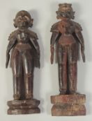 A PAIR OF 19TH CENTURY SOUTH INDIAN CARVED WOODEN FIGURES, tallest 32.5cm high.