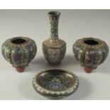 FOUR JAPANESE CLOISONNE ITEMS; comprising a small circular dish, a small bottle vase, and a pair