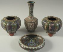 FOUR JAPANESE CLOISONNE ITEMS; comprising a small circular dish, a small bottle vase, and a pair