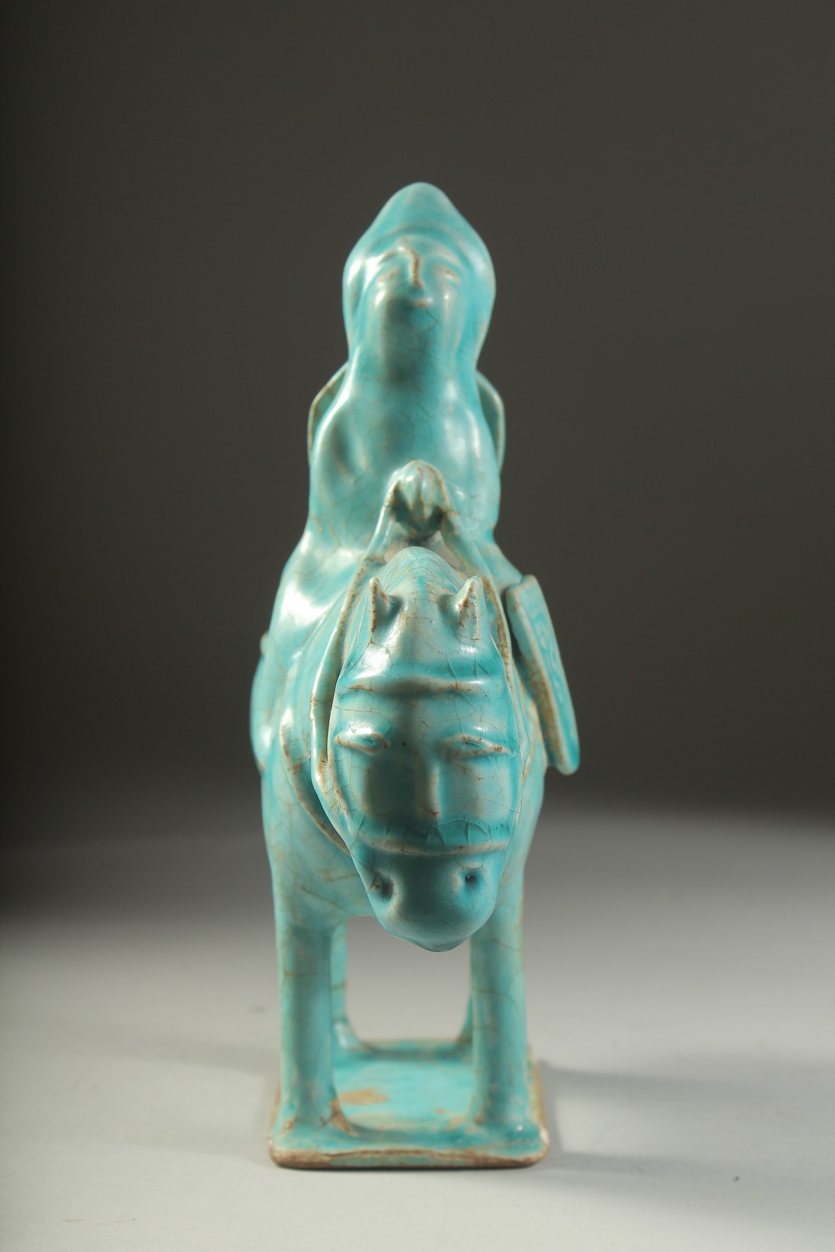 A VERY FINE AND RARE PERSIAN KASHAN TURQUOISE GLAZED POTTERY HORSE AND RIDER, 23.5cm high, 20cm - Image 5 of 8